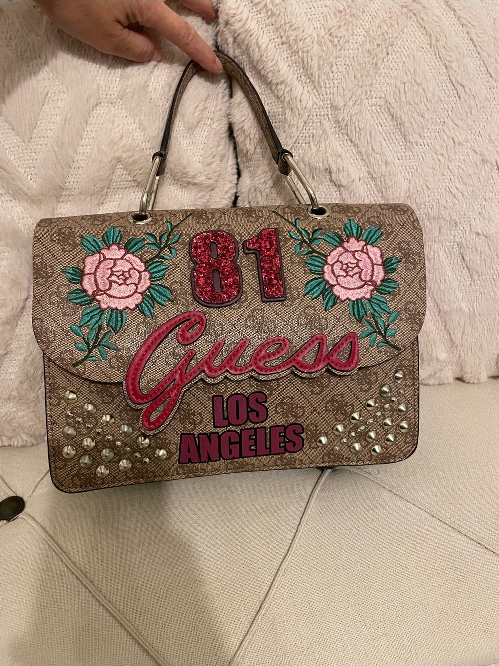 Guess Brown Satchel with Pink Floral Embroidery and Red Accents